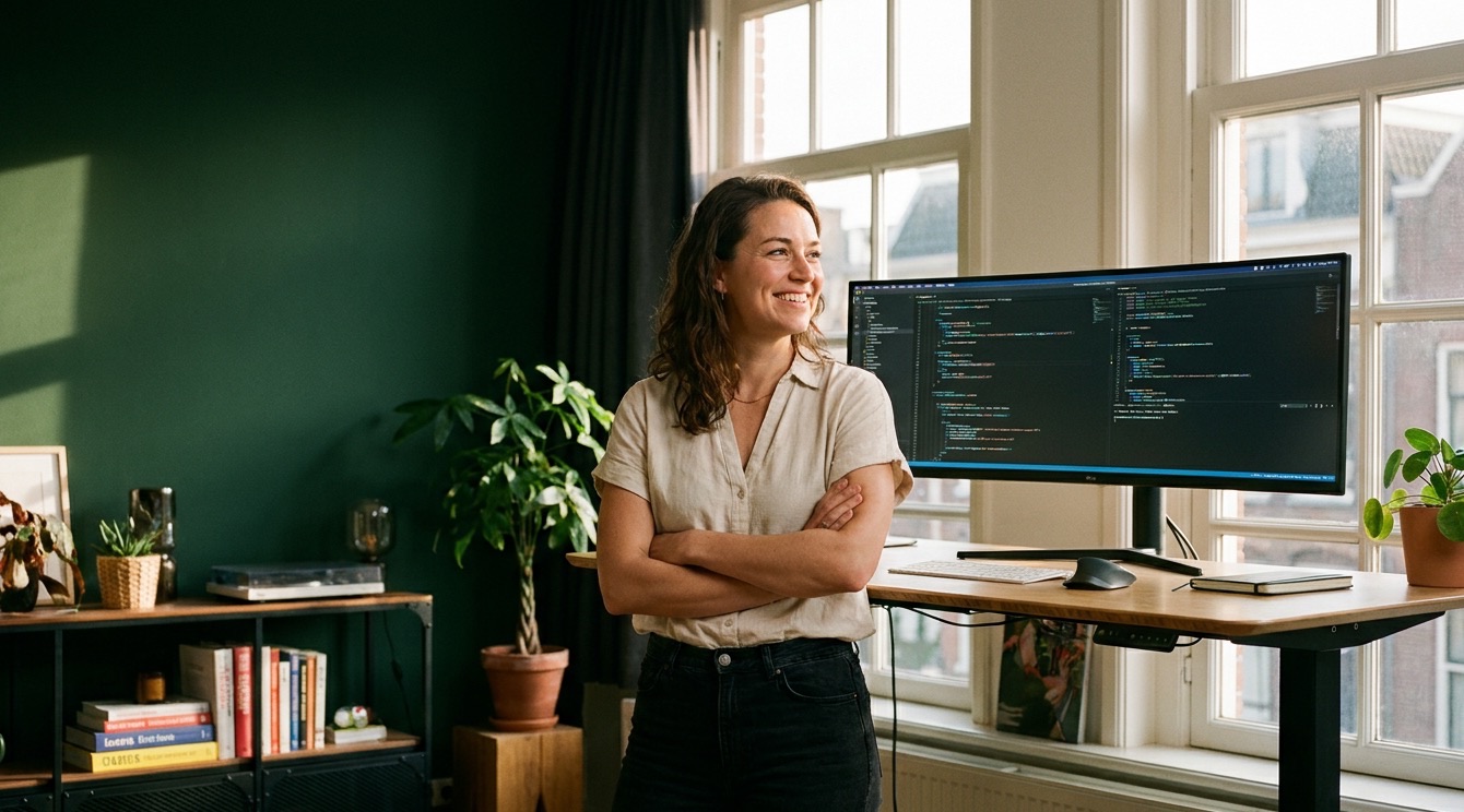 Senior developer writing code in an Amsterdam canal-side office